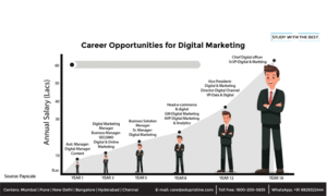 Career opportunities in digital marketing with annual salary growth from Assistant Manager to Chief Digital Officer, showing roles like Digital Marketing Manager, Business Solution Manager, Head e-commerce, and Vice President Digital Marketing.